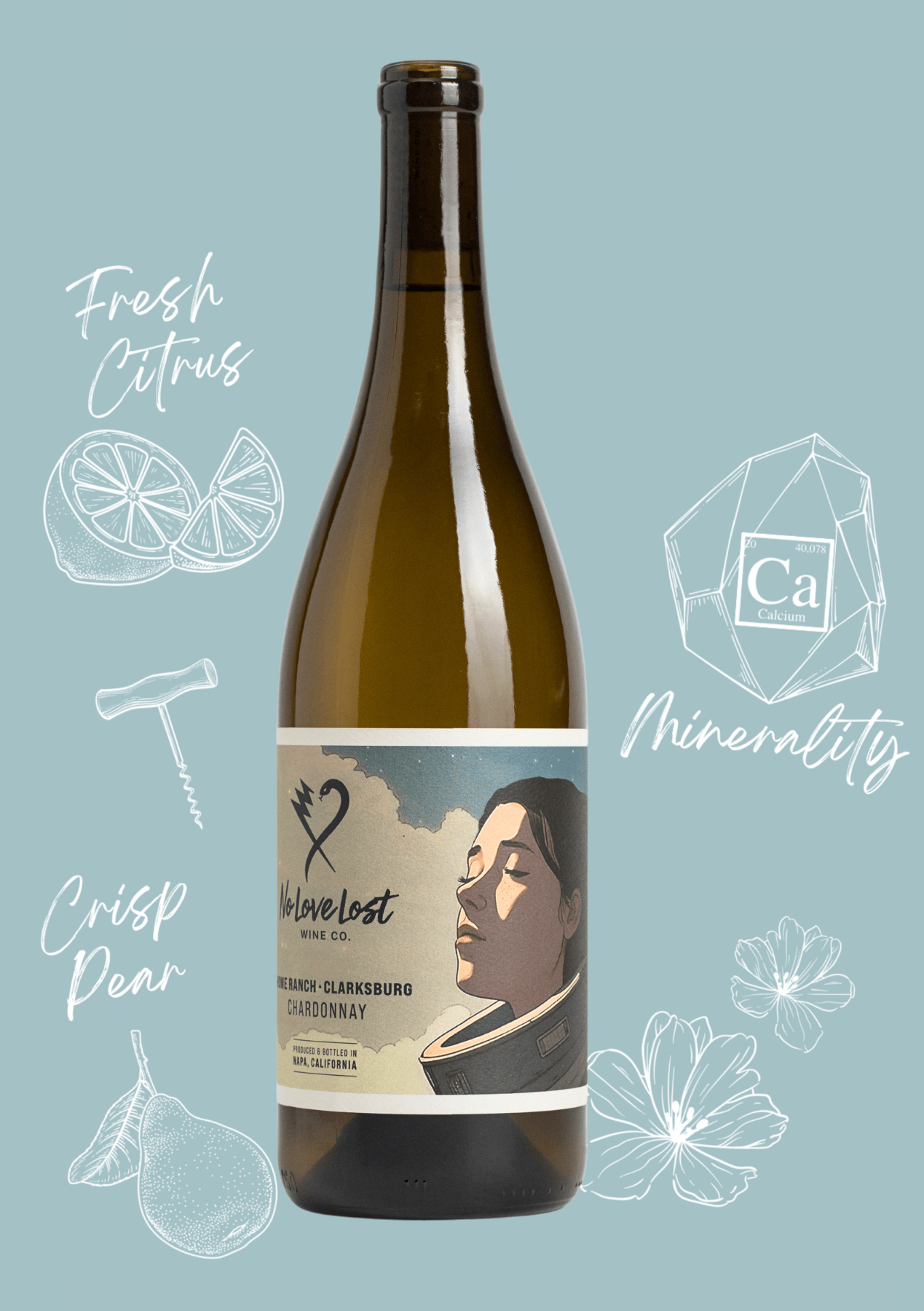 2023 No Love Lost Chardonnay — Home Ranch vineyard in the California Delta, part of a 6th-generation family farm. Barrel-fermented and aged 11 months in neutral Burgundy oak. Light, lean, and refreshing with bright acidity and minerality. 10.6% ABV.
