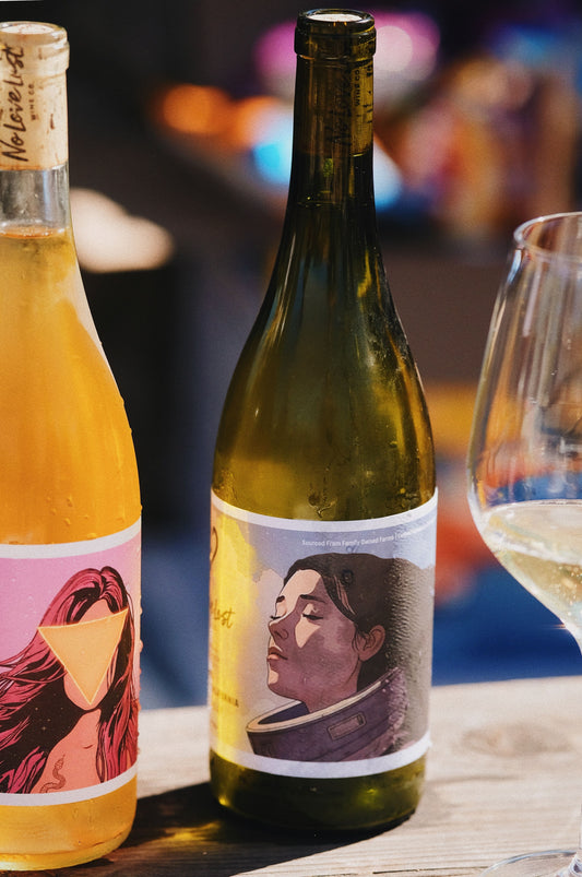 2023 No Love Lost Chardonnay — Home Ranch vineyard in the California Delta, part of a 6th-generation family farm. Barrel-fermented and aged 11 months in neutral Burgundy oak. Light, lean, and refreshing with bright acidity and minerality. 10.6% ABV.