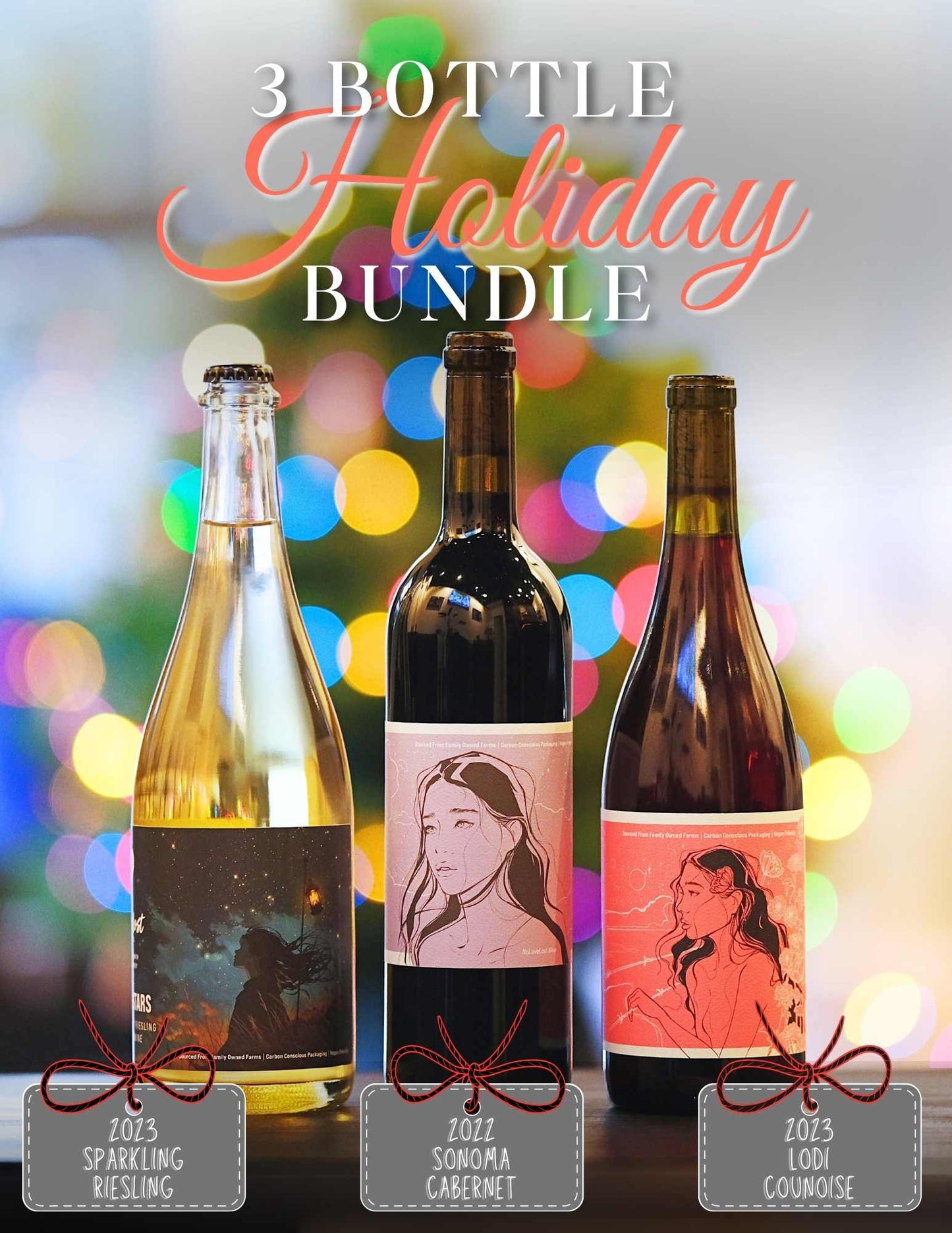 Three-bottle wine bundle featuring a vibrant sparkling Riesling, a bold Sonoma Cabernet Sauvignon, and a smooth Counoise, perfect for gifting or celebrating special occasions.